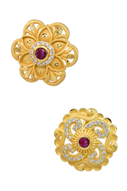 Combo set of 2-Floral Ruby AD Studded Gold Plated Adjustable Ring
