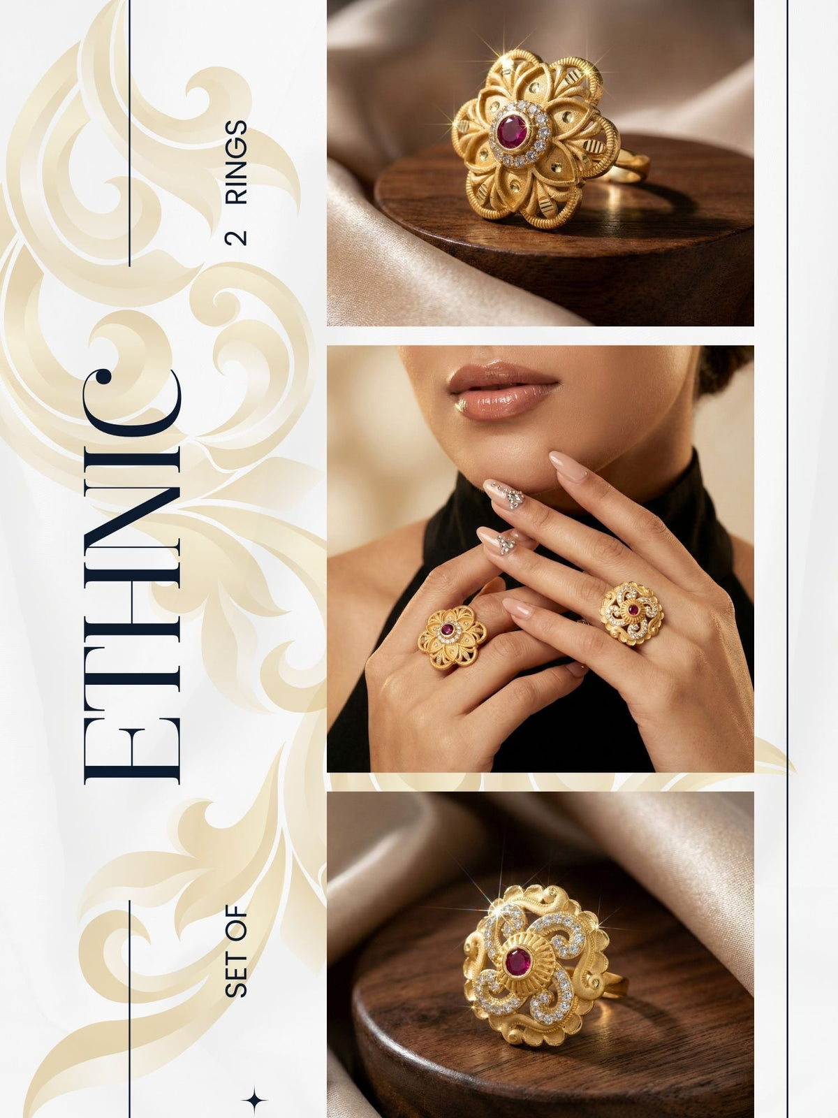 Combo set of 2-Floral Ruby AD Studded Gold Plated Adjustable Ring