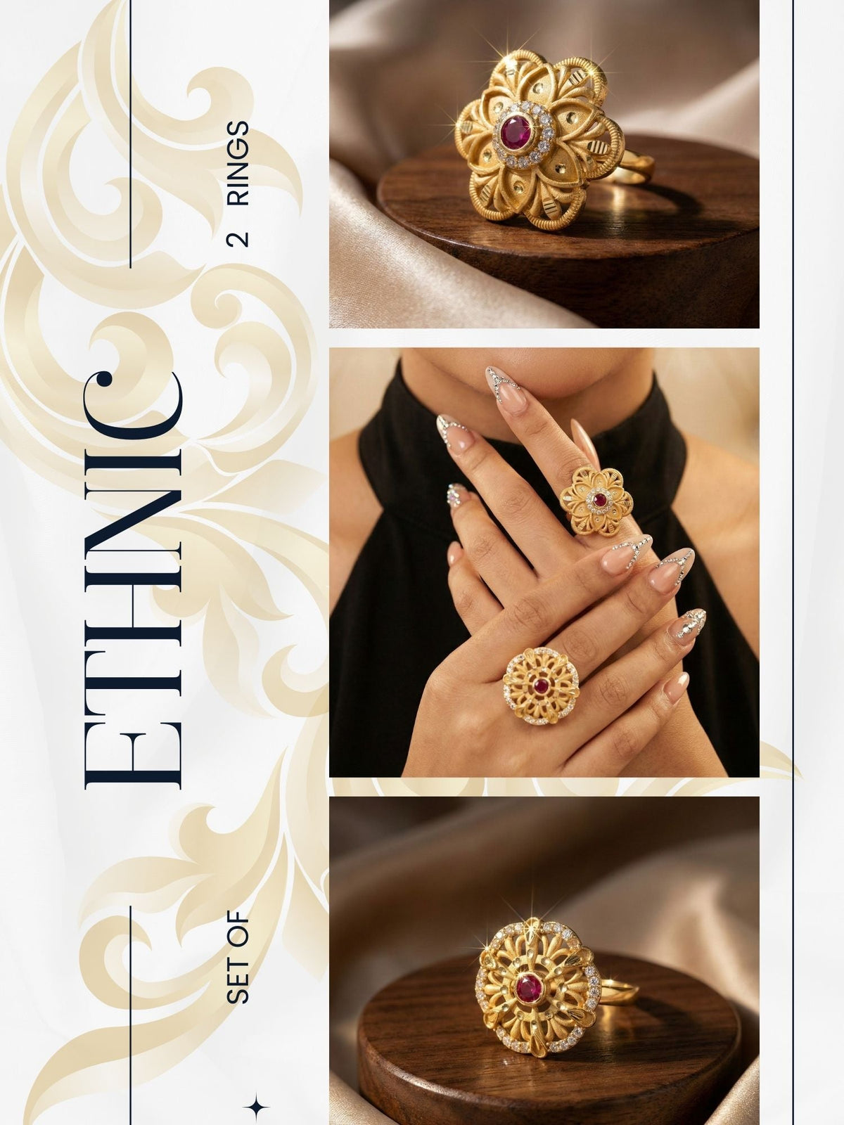 Combo set of 2-Floral Ruby AD Studded Gold Plated Adjustable Ring