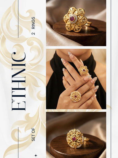 Combo set of 2-Floral Ruby AD Studded Gold Plated Adjustable Ring