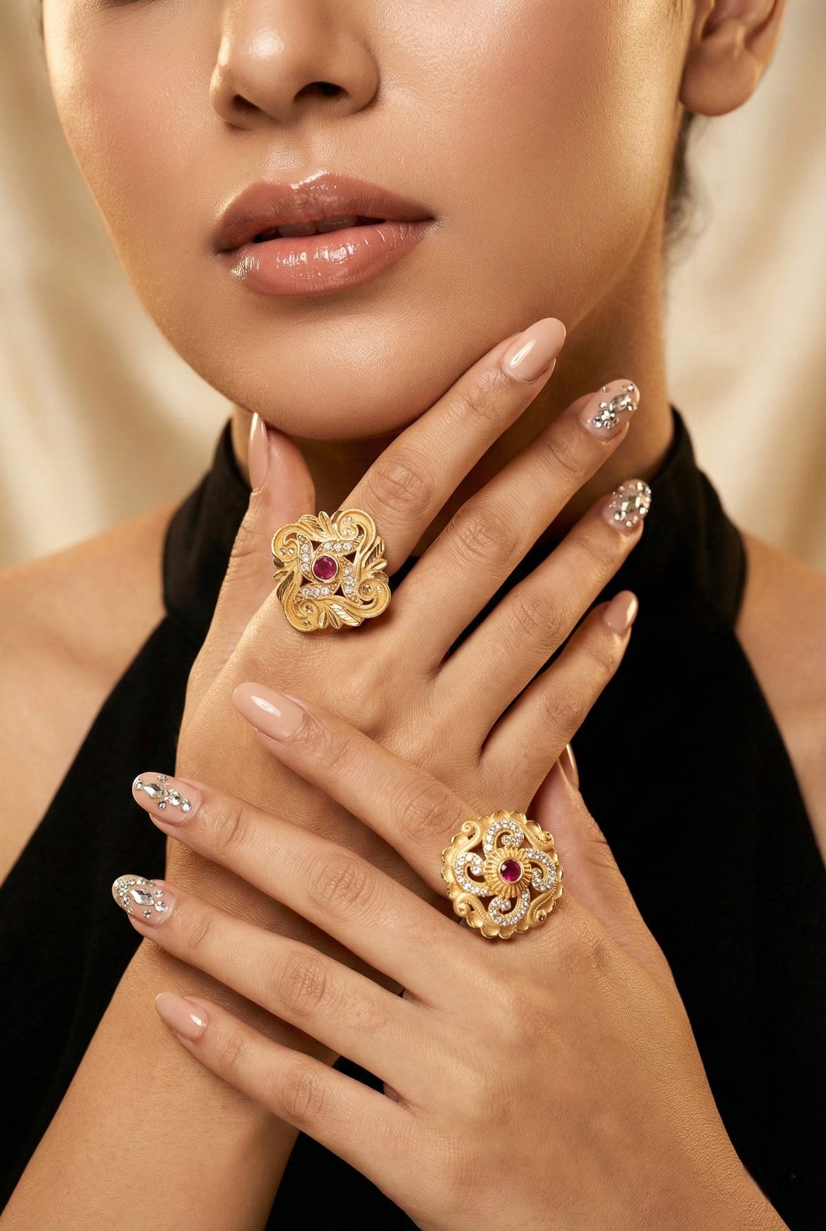 Combo set of 2-Premium Gold Plated Flower Ring with Ruby & AD Stones