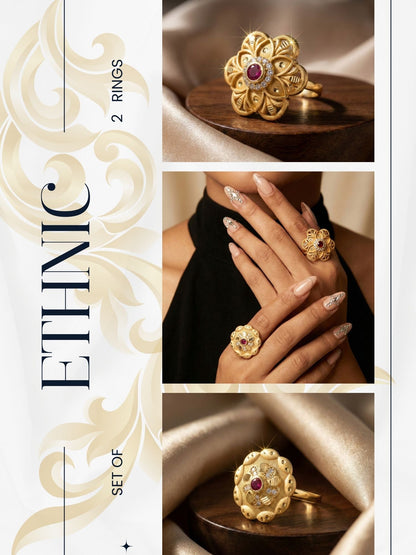Combo set of 2-Designer Floral AD Ring with Ruby Center â€“ Adjustable Fit