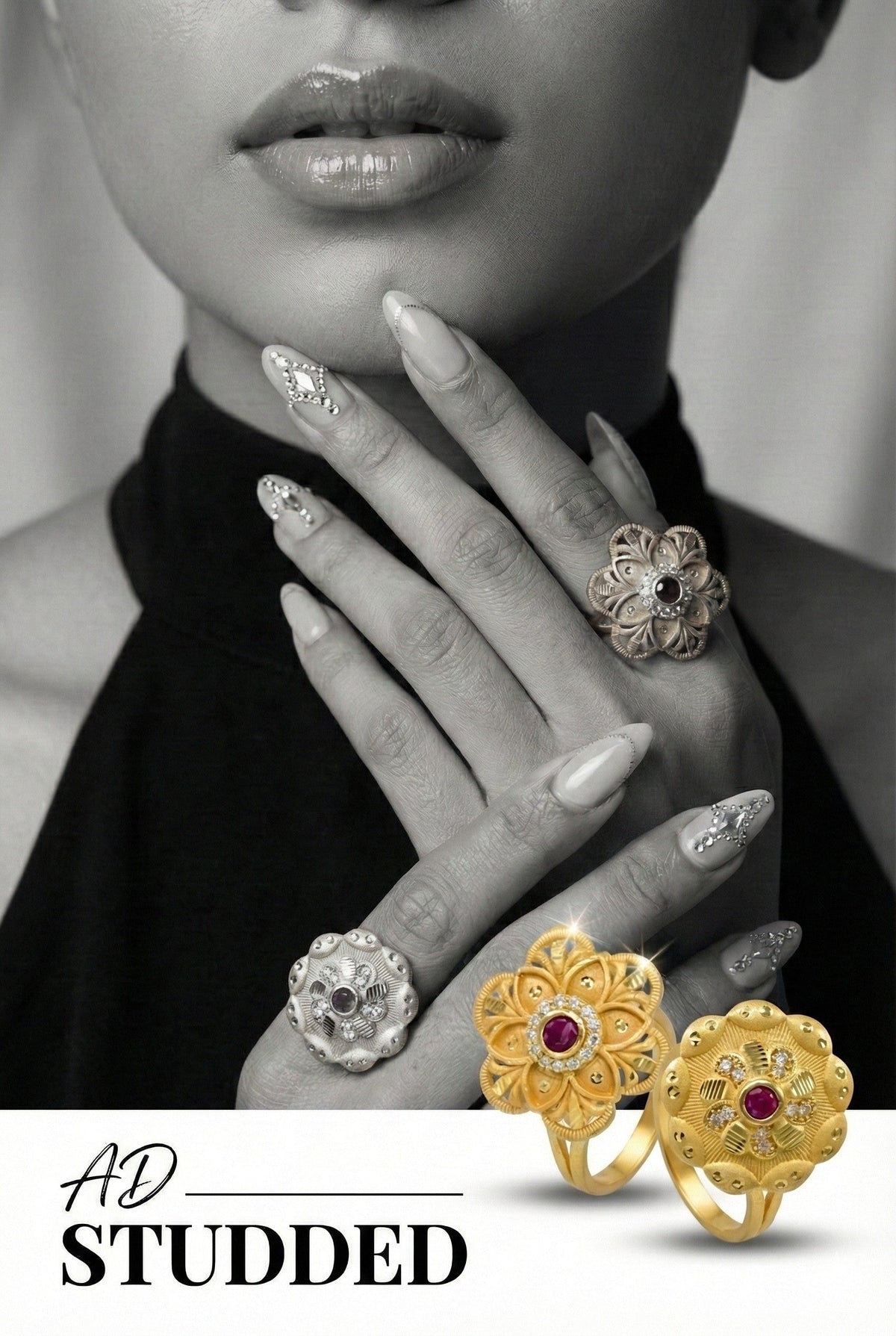 Combo set of 2-Designer Floral AD Ring with Ruby Center â€“ Adjustable Fit