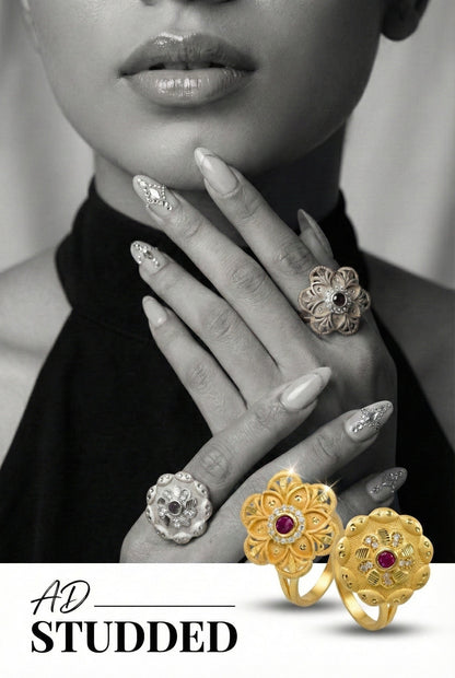 Combo set of 2-Designer Floral AD Ring with Ruby Center â€“ Adjustable Fit