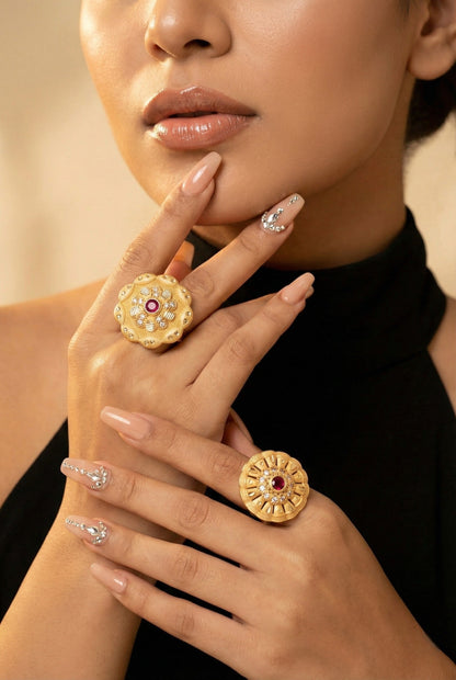 Combo set of 2-Designer Floral AD Ring with Ruby Center â€“ Adjustable Fit