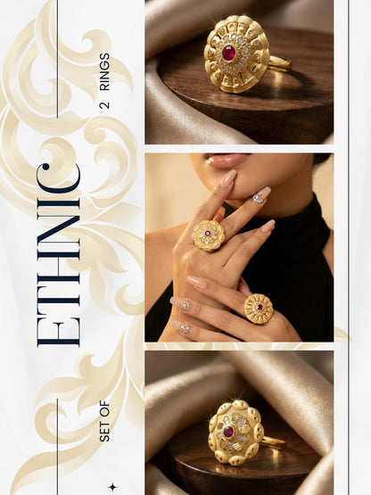 Combo set of 2-Designer Floral AD Ring with Ruby Center â€“ Adjustable Fit
