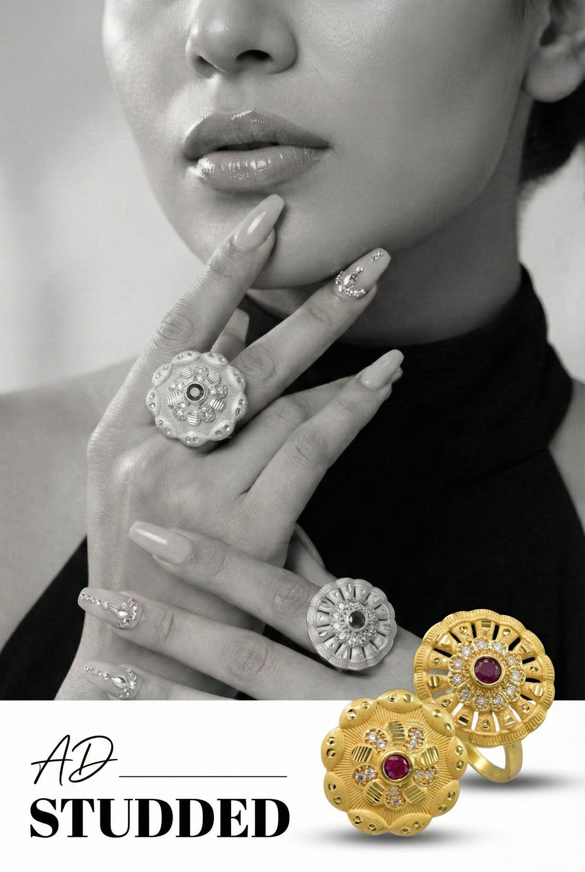 Combo set of 2-Designer Floral AD Ring with Ruby Center â€“ Adjustable Fit