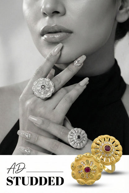 Combo set of 2-Designer Floral AD Ring with Ruby Center â€“ Adjustable Fit