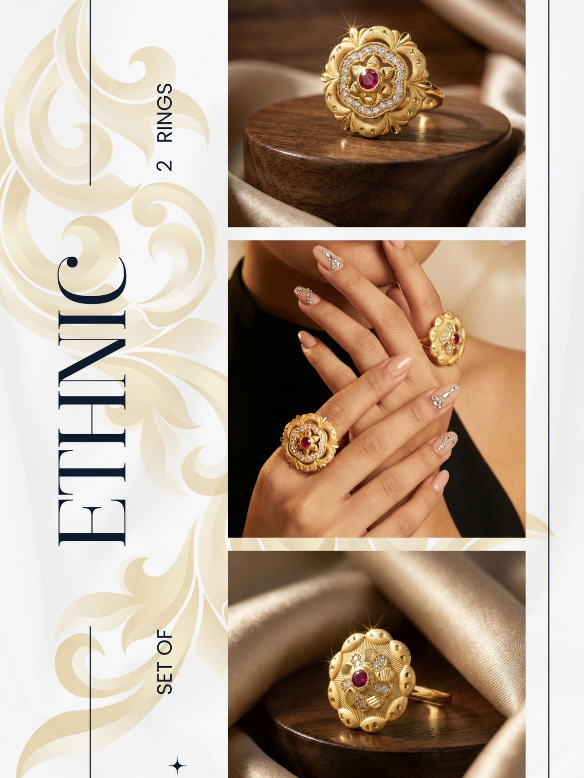 Combo set of 2-Royal Gold Plated Adjustable Ring with Ruby & American Diamonds