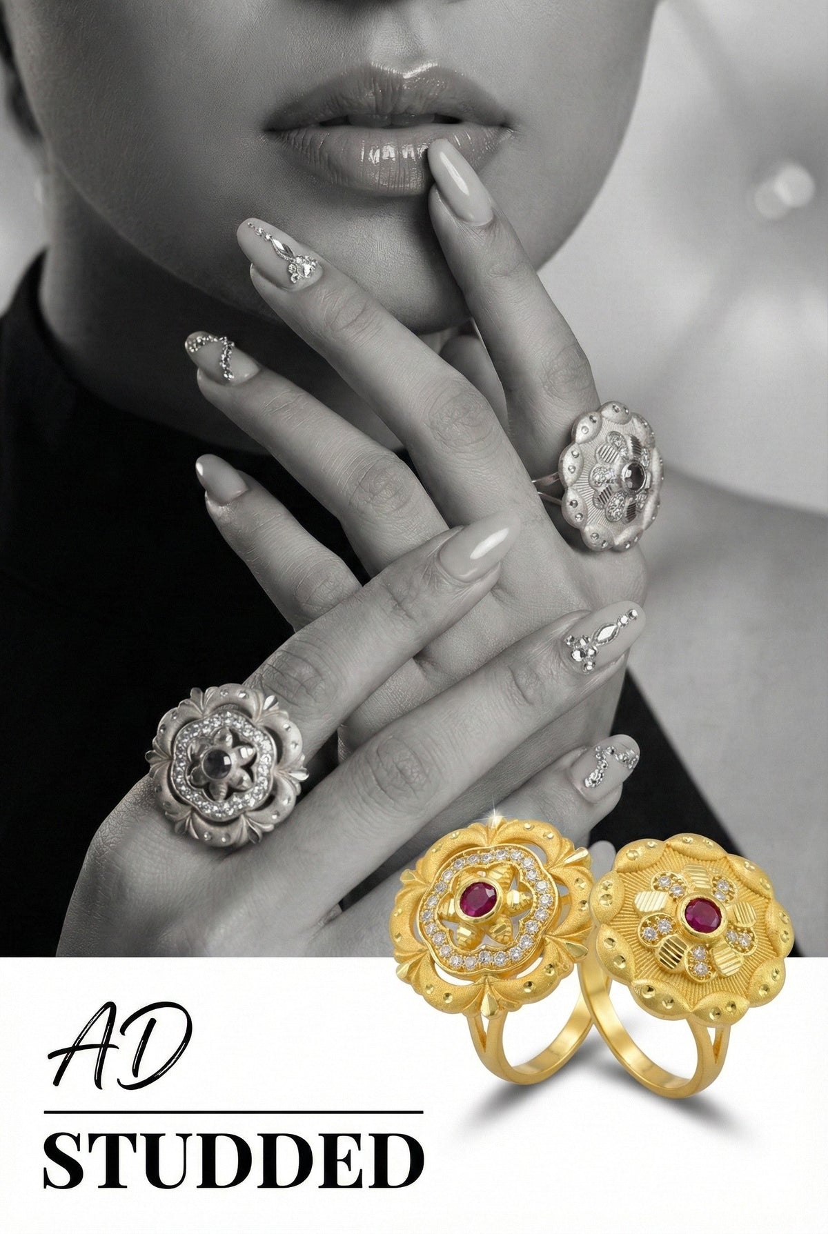 Combo set of 2-Royal Gold Plated Adjustable Ring with Ruby & American Diamonds