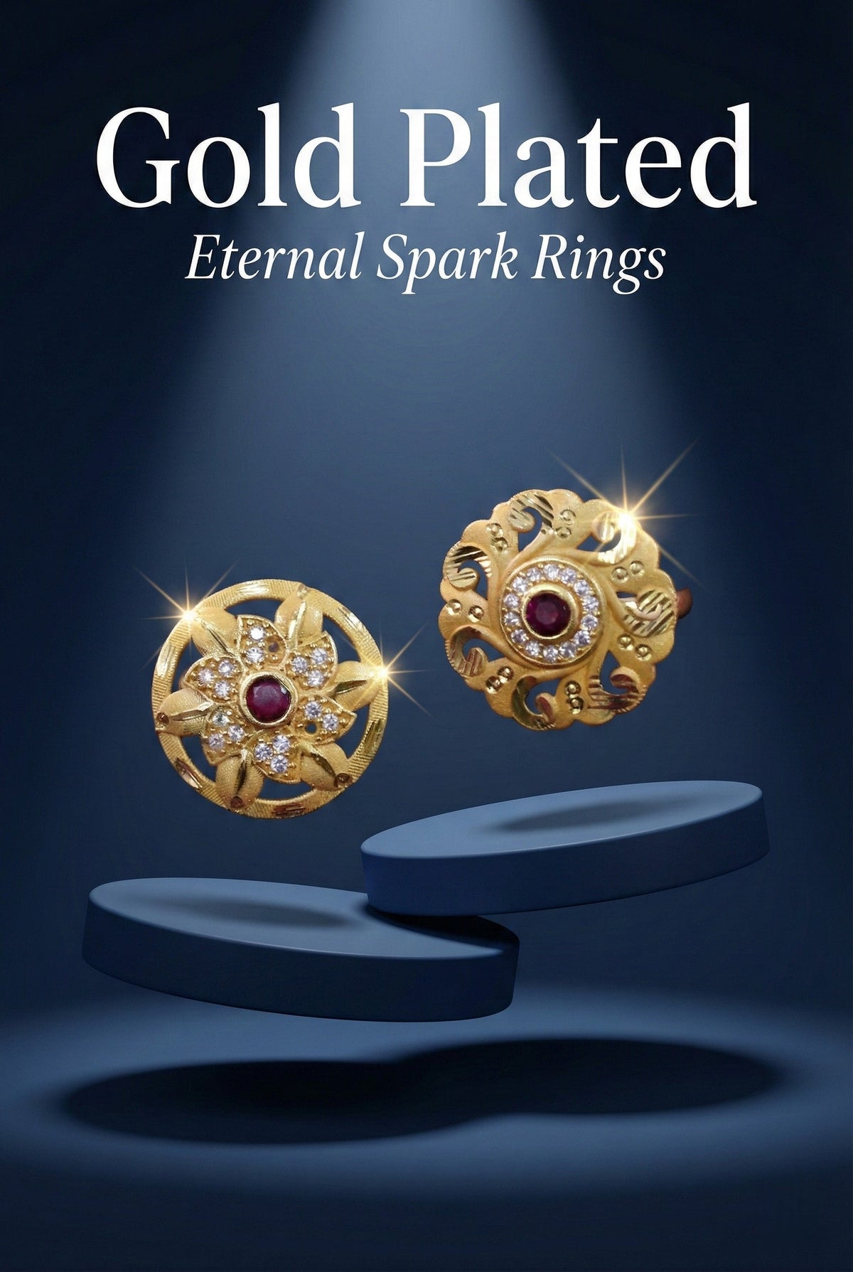 Combo set of 2-Royal Gold Plated Adjustable Ring with Ruby & American Diamonds