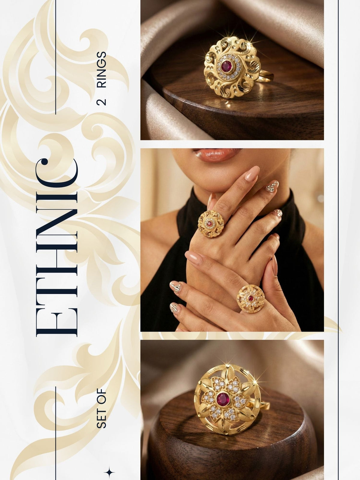 Combo set of 2-Royal Gold Plated Adjustable Ring with Ruby & American Diamonds