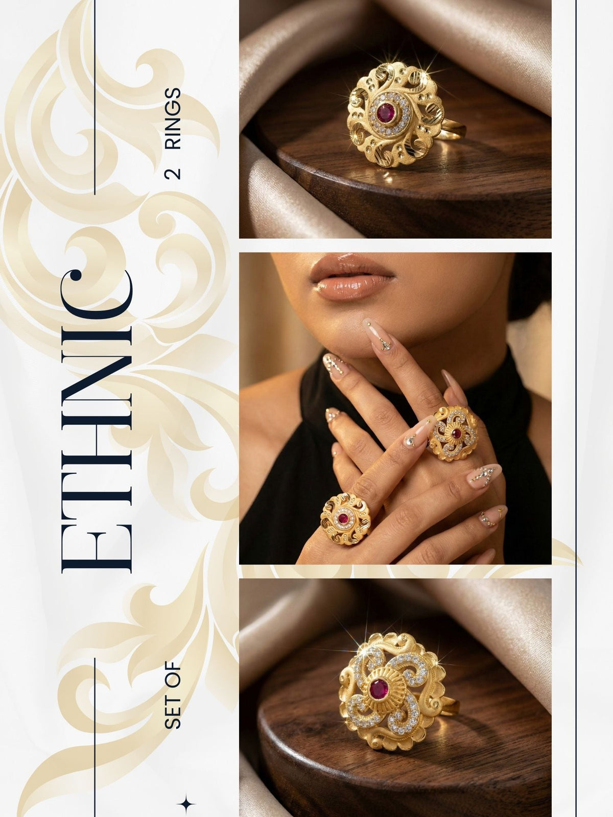 Combo set of 2-Elegant Floral AD Studded Adjustable Ring for Women