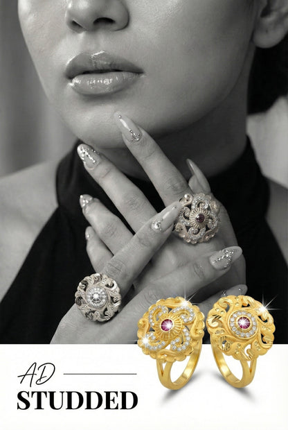 Combo set of 2-Elegant Floral AD Studded Adjustable Ring for Women