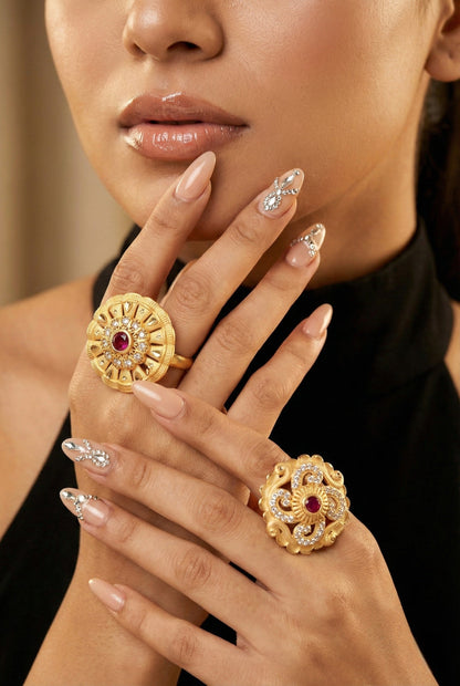 Combo set of 2-Luxury Flower Design Gold Plated AD Ring â€“ Adjustable