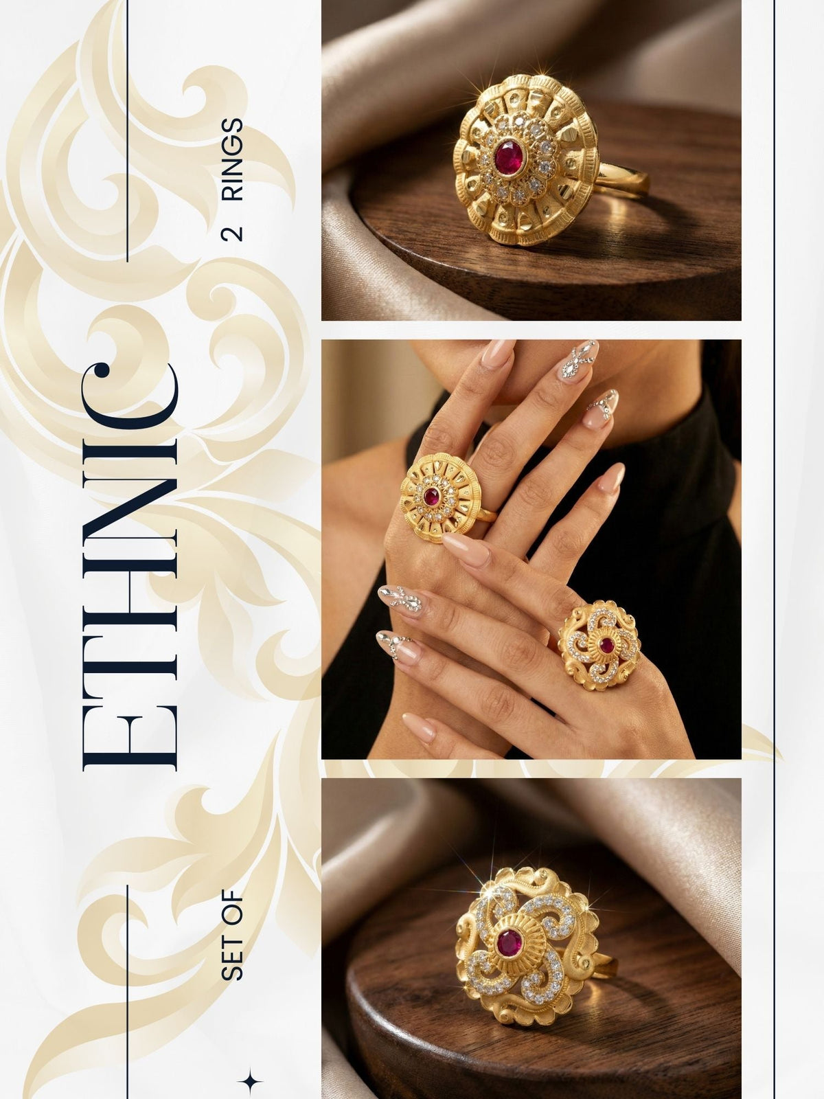 Combo set of 2-Luxury Flower Design Gold Plated AD Ring â€“ Adjustable