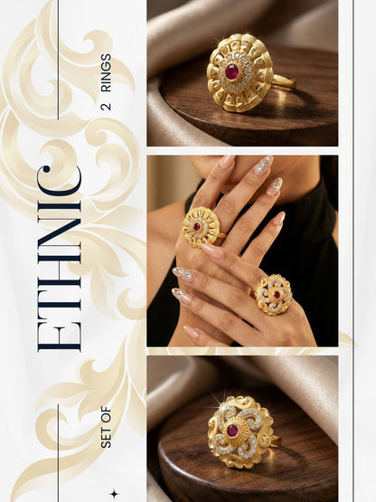 Combo set of 2-Luxury Flower Design Gold Plated AD Ring â€“ Adjustable
