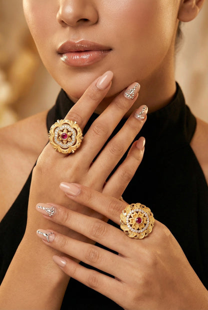 Combo set of 3-Luxury Flower Design Gold Plated AD Ring â€“ Adjustable