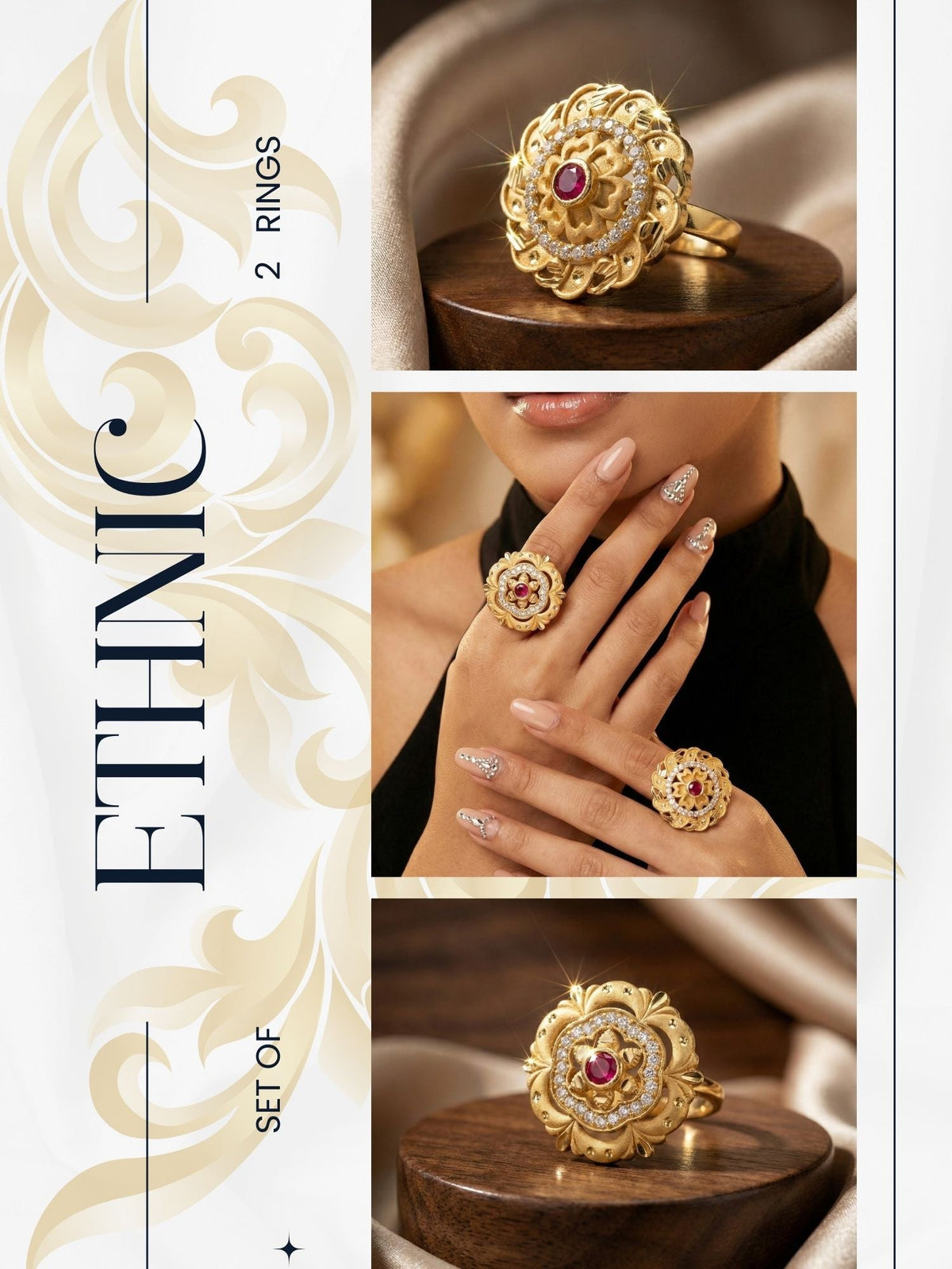 Combo set of 3-Luxury Flower Design Gold Plated AD Ring â€“ Adjustable