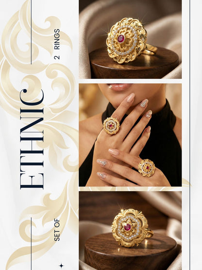 Combo set of 3-Luxury Flower Design Gold Plated AD Ring â€“ Adjustable