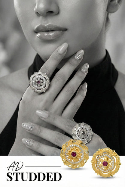 Combo set of 3-Luxury Flower Design Gold Plated AD Ring â€“ Adjustable