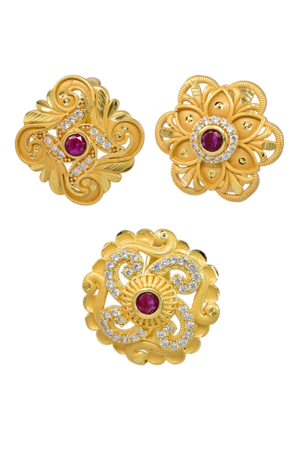 Combo set of 3-Traditional Ruby Stone AD Gold Adjustable Statement Ring