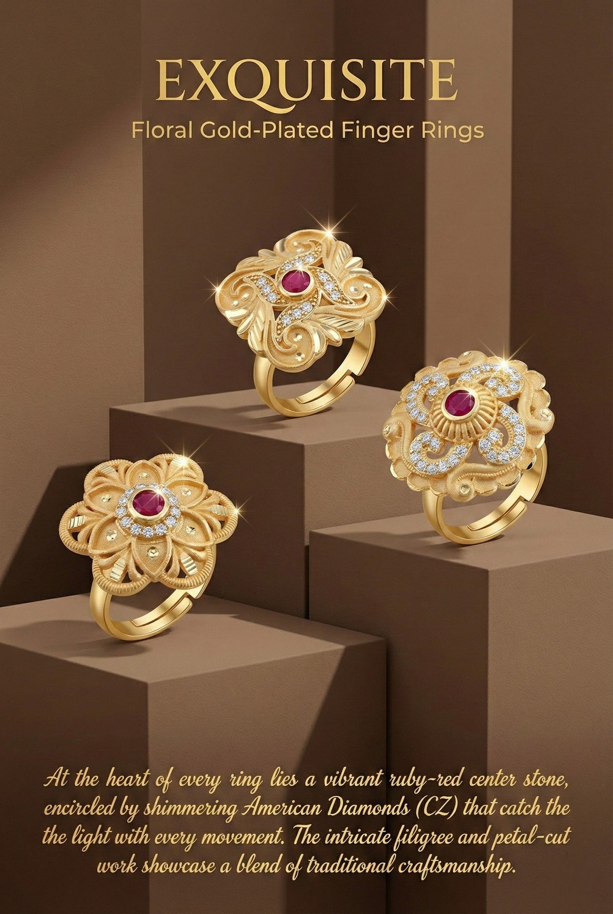Combo set of 3-Traditional Ruby Stone AD Gold Adjustable Statement Ring