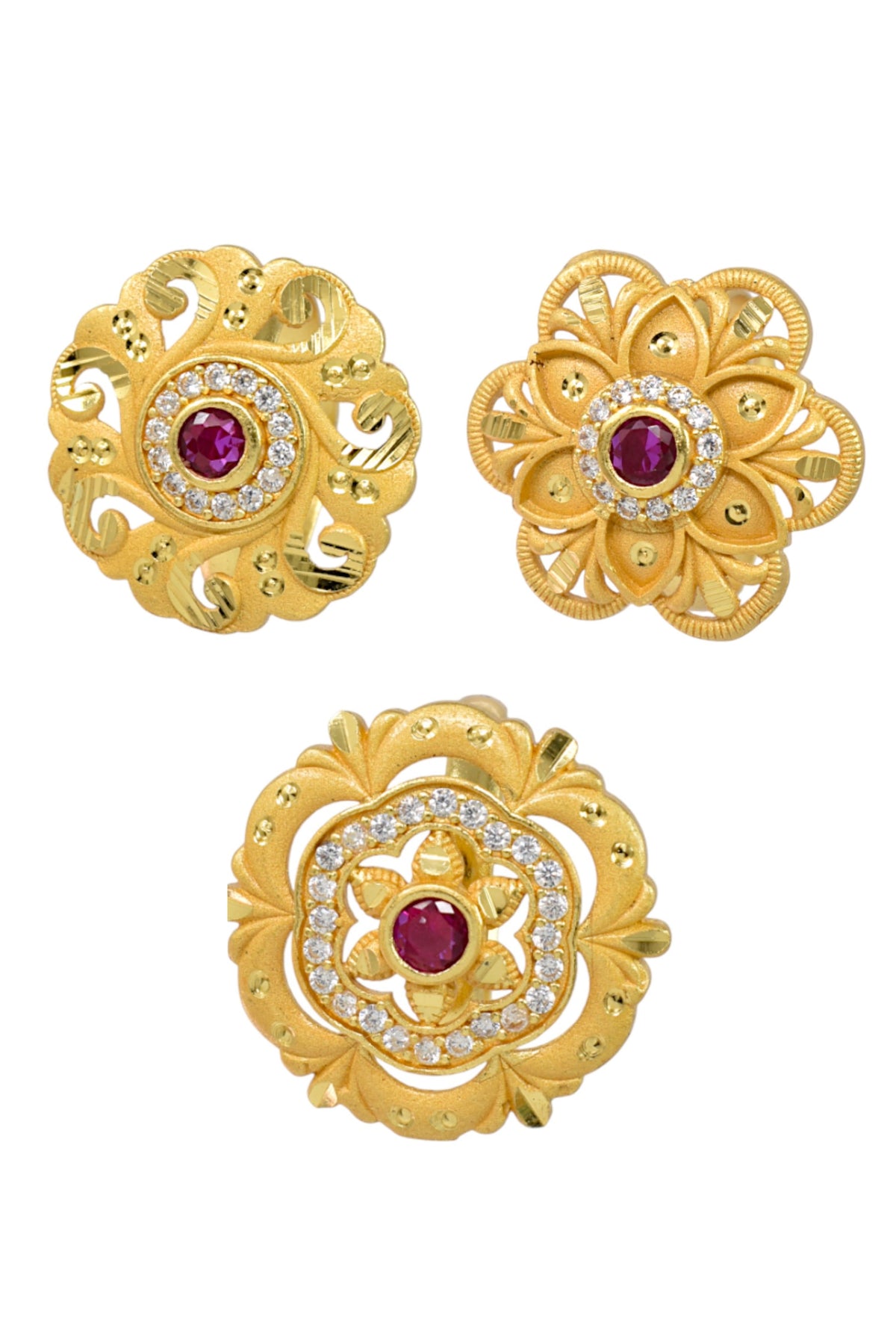 Combo set of 3-Traditional Ruby Stone AD Gold Adjustable Statement Ring