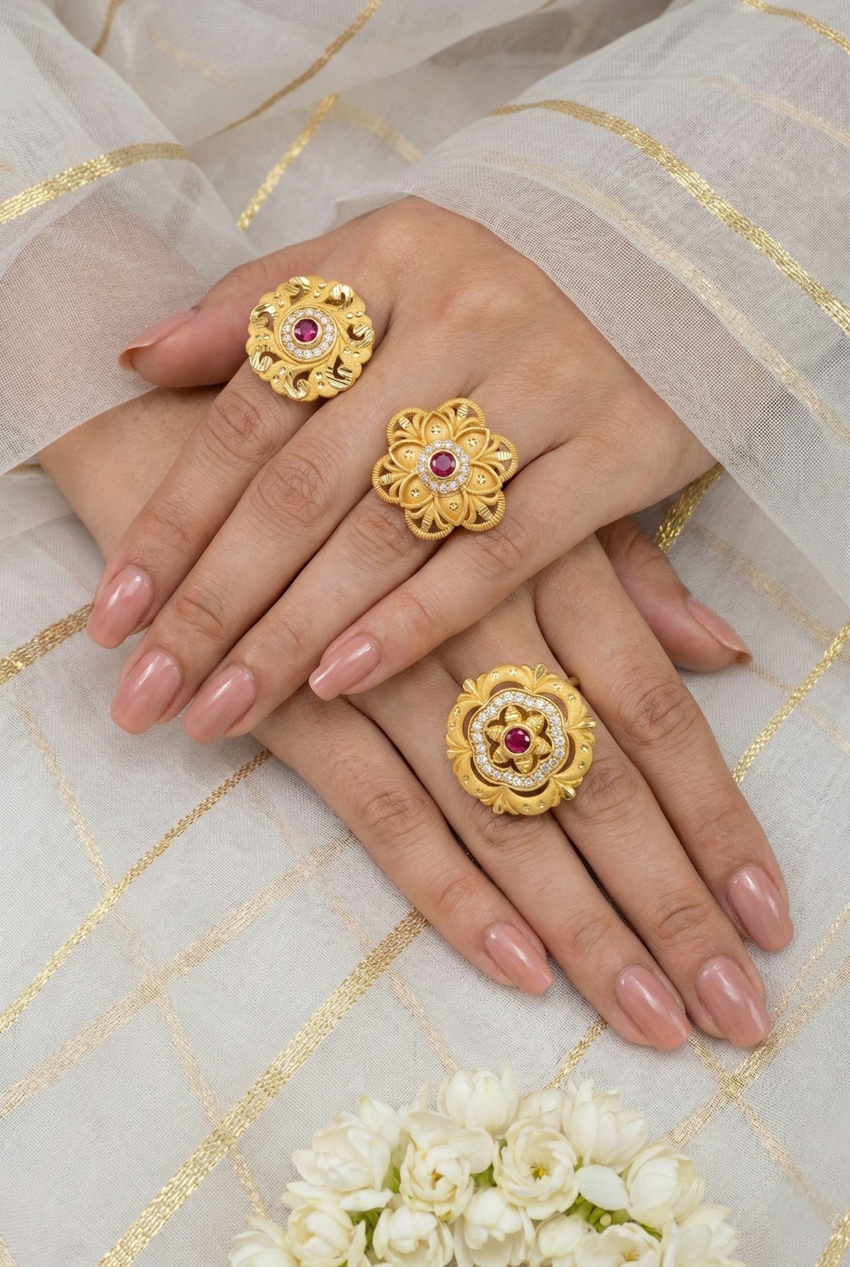 Combo set of 3-Traditional Ruby Stone AD Gold Adjustable Statement Ring