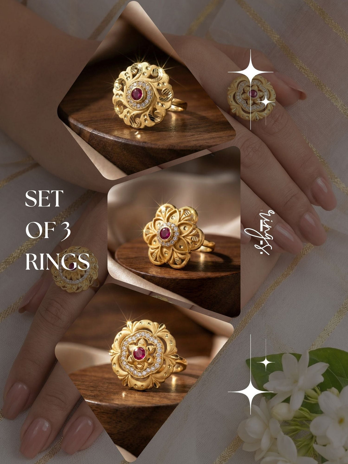 Combo set of 3-Traditional Ruby Stone AD Gold Adjustable Statement Ring