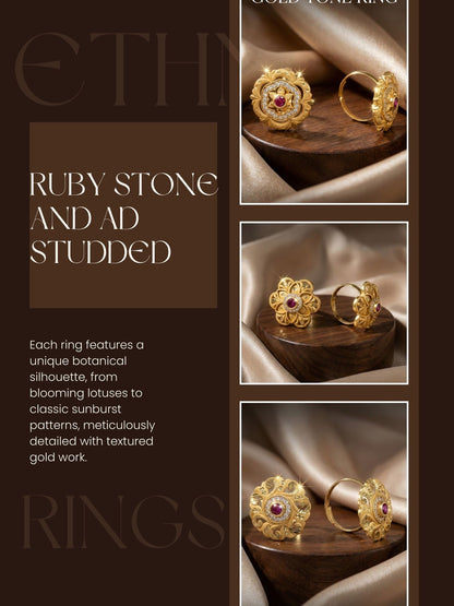 Combo set of 3-Traditional Ruby Stone AD Gold Adjustable Statement Ring