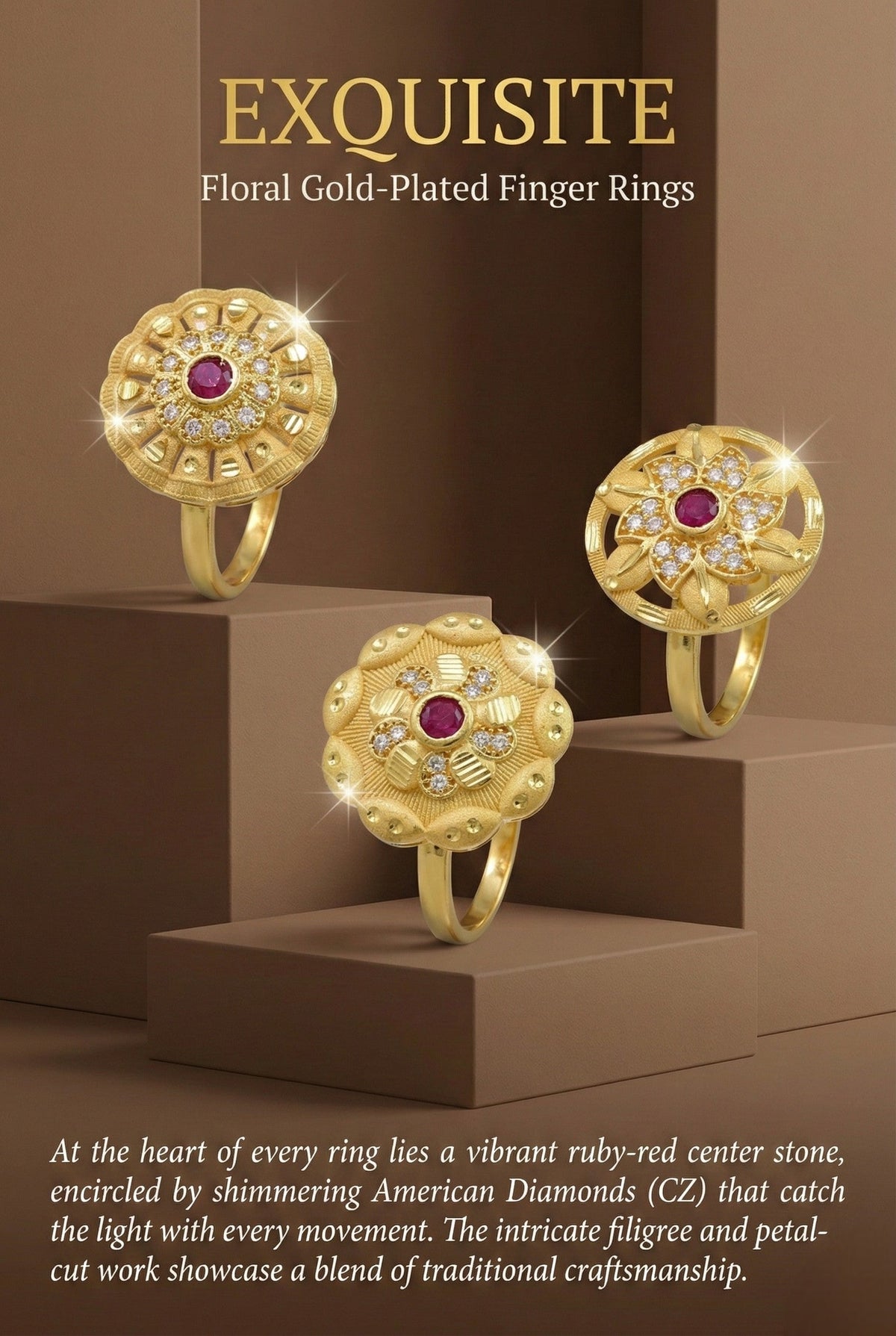 Combo set of 3-Vintage Style Floral Gold Plated Adjustable AD Ring