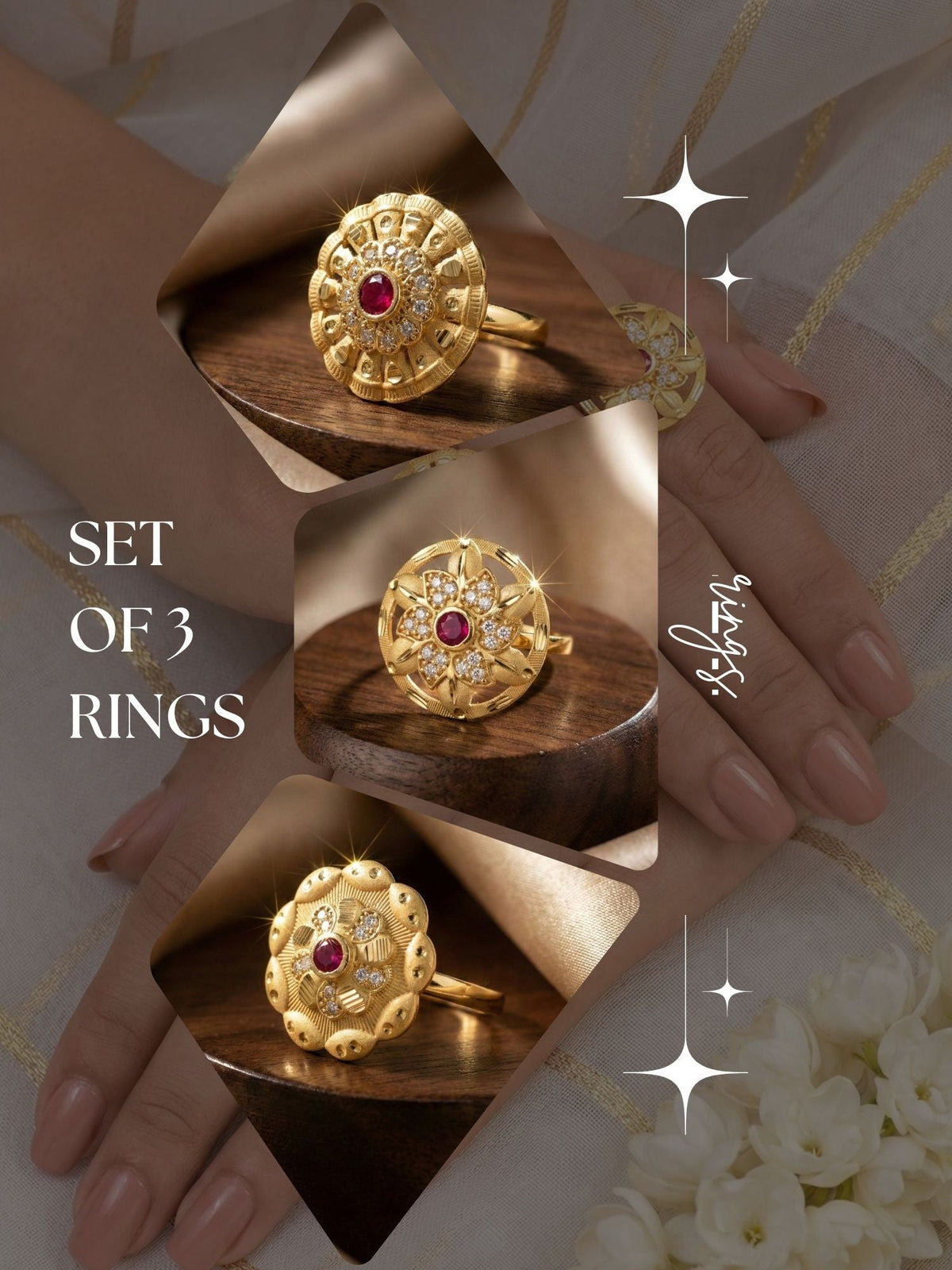 Combo set of 3-Vintage Style Floral Gold Plated Adjustable AD Ring