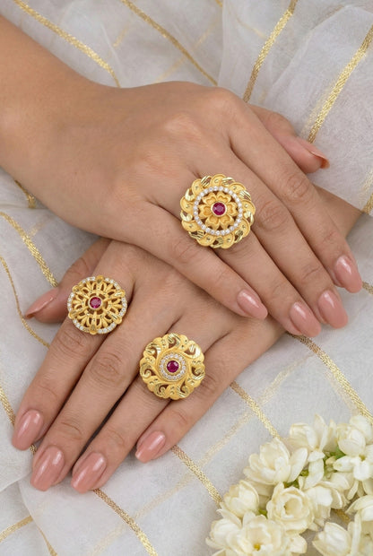 Combo set of 3-Vintage Style Floral Gold Plated Adjustable AD Ring