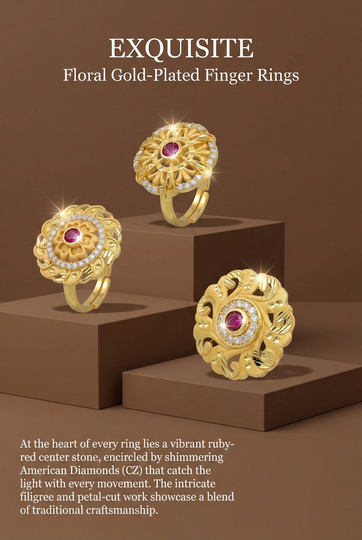 Combo set of 3-Vintage Style Floral Gold Plated Adjustable AD Ring
