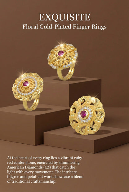 Combo set of 3-Vintage Style Floral Gold Plated Adjustable AD Ring