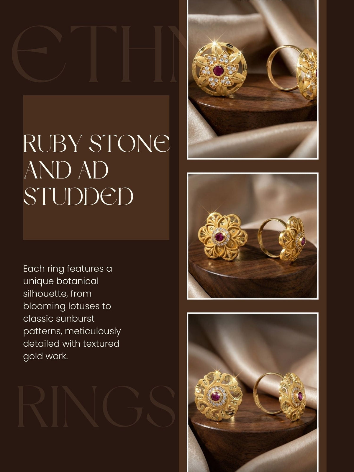 Combo set of 3-Bridal Floral AD Ring with Ruby Center Stone