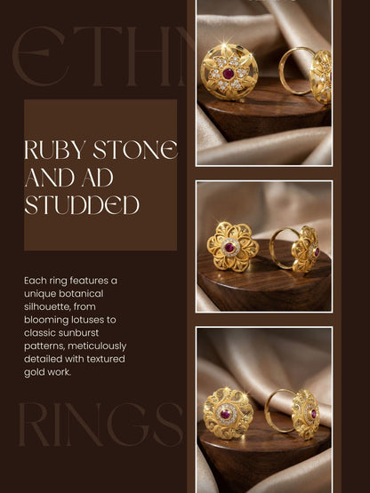 Combo set of 3-Bridal Floral AD Ring with Ruby Center Stone