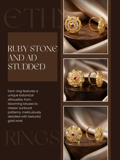 Combo set of 3-Bridal Floral AD Ring with Ruby Center Stone