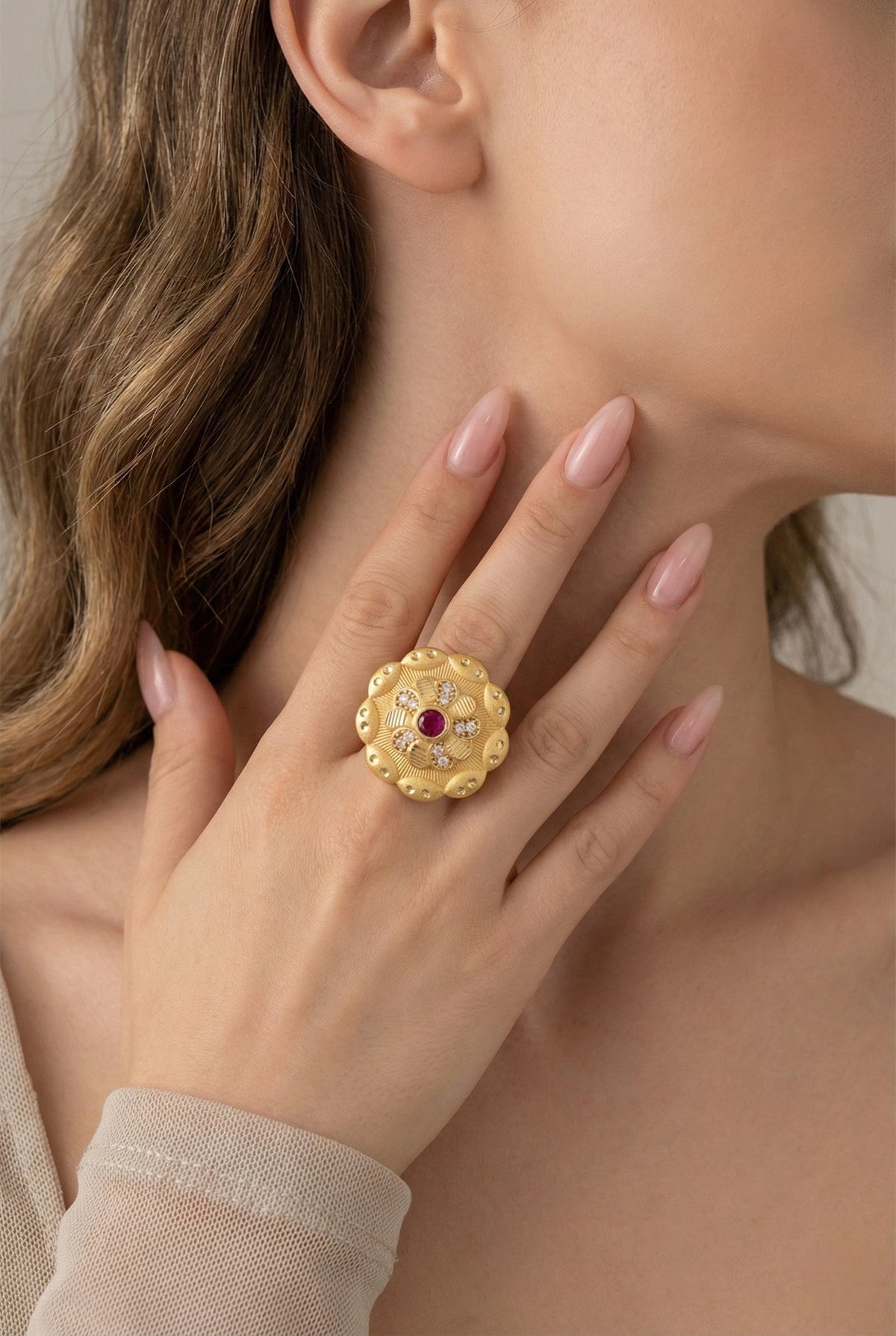 Classic Gold Plated Adjustable Ring with American Diamonds