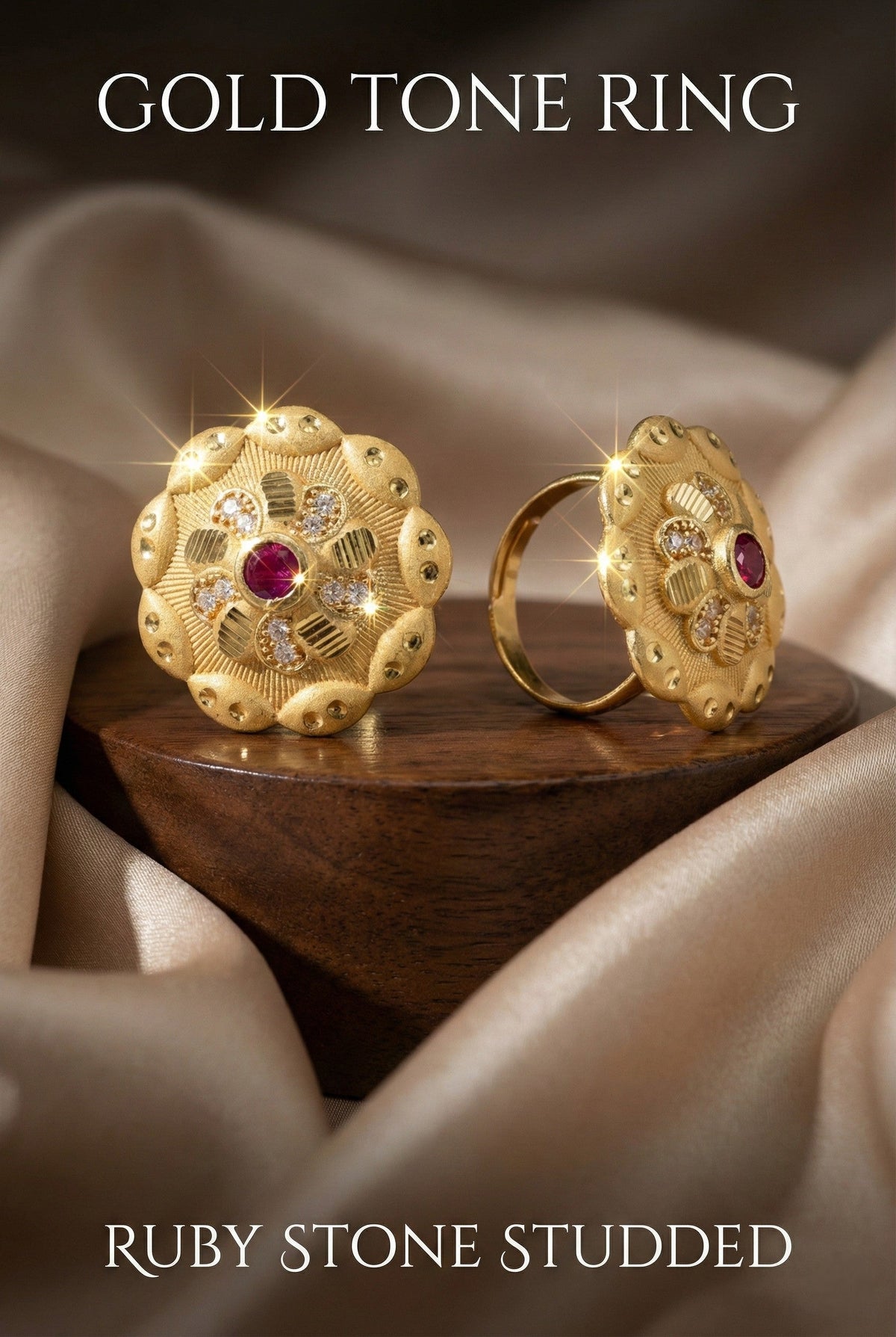 Classic Gold Plated Adjustable Ring with American Diamonds