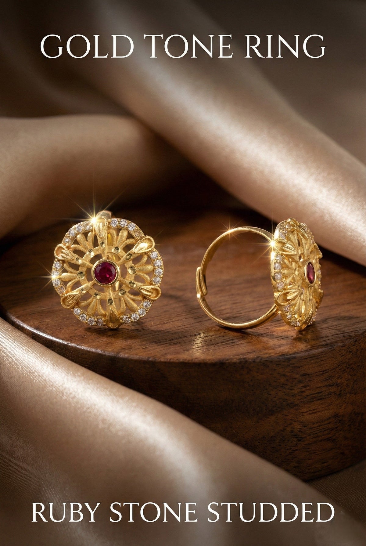 Classic Gold Plated Adjustable Ring with American Diamonds