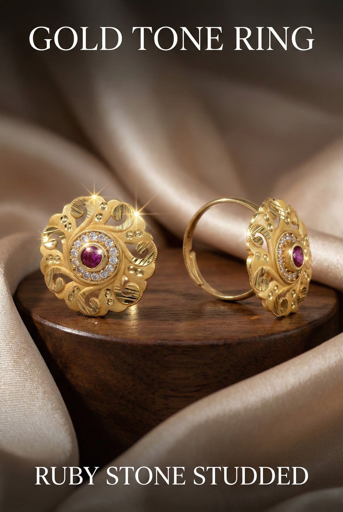 Classic Gold Plated Adjustable Ring with American Diamonds