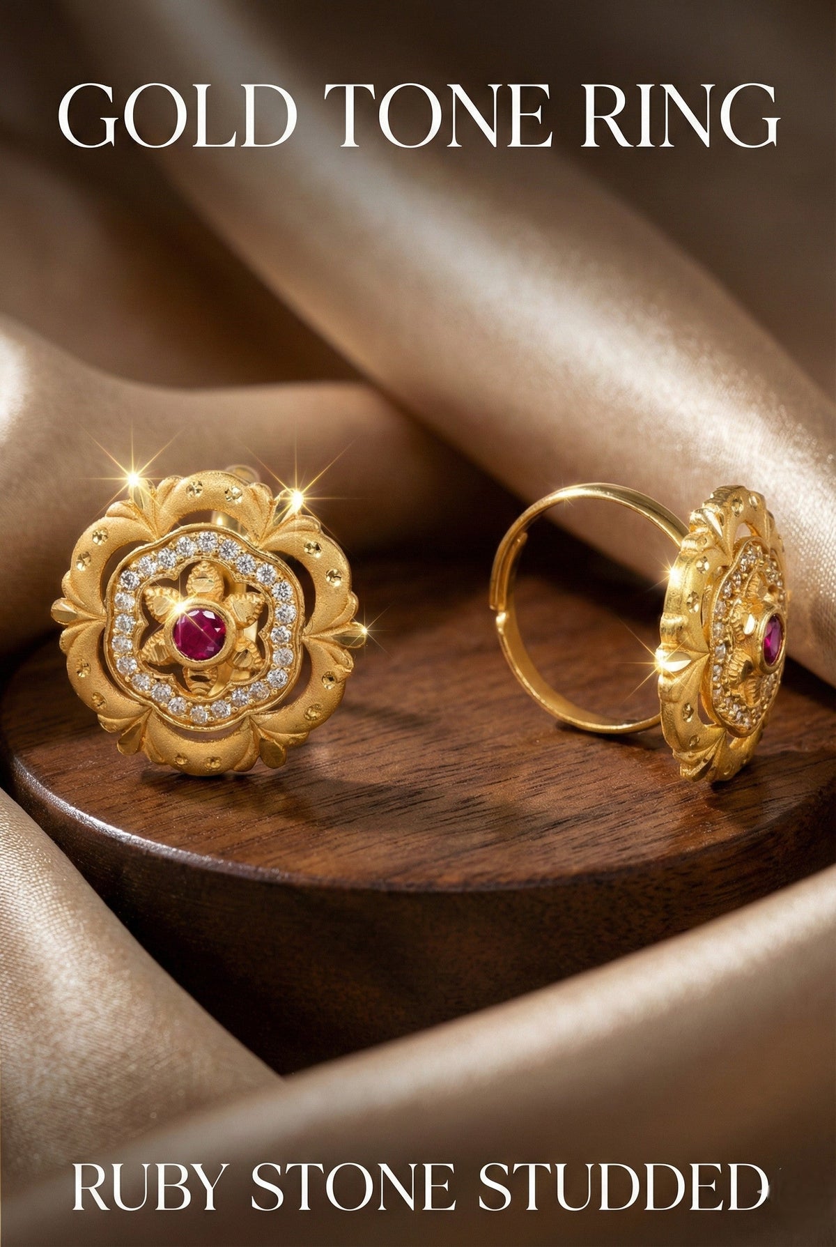 Classic Gold Plated Adjustable Ring with American Diamonds