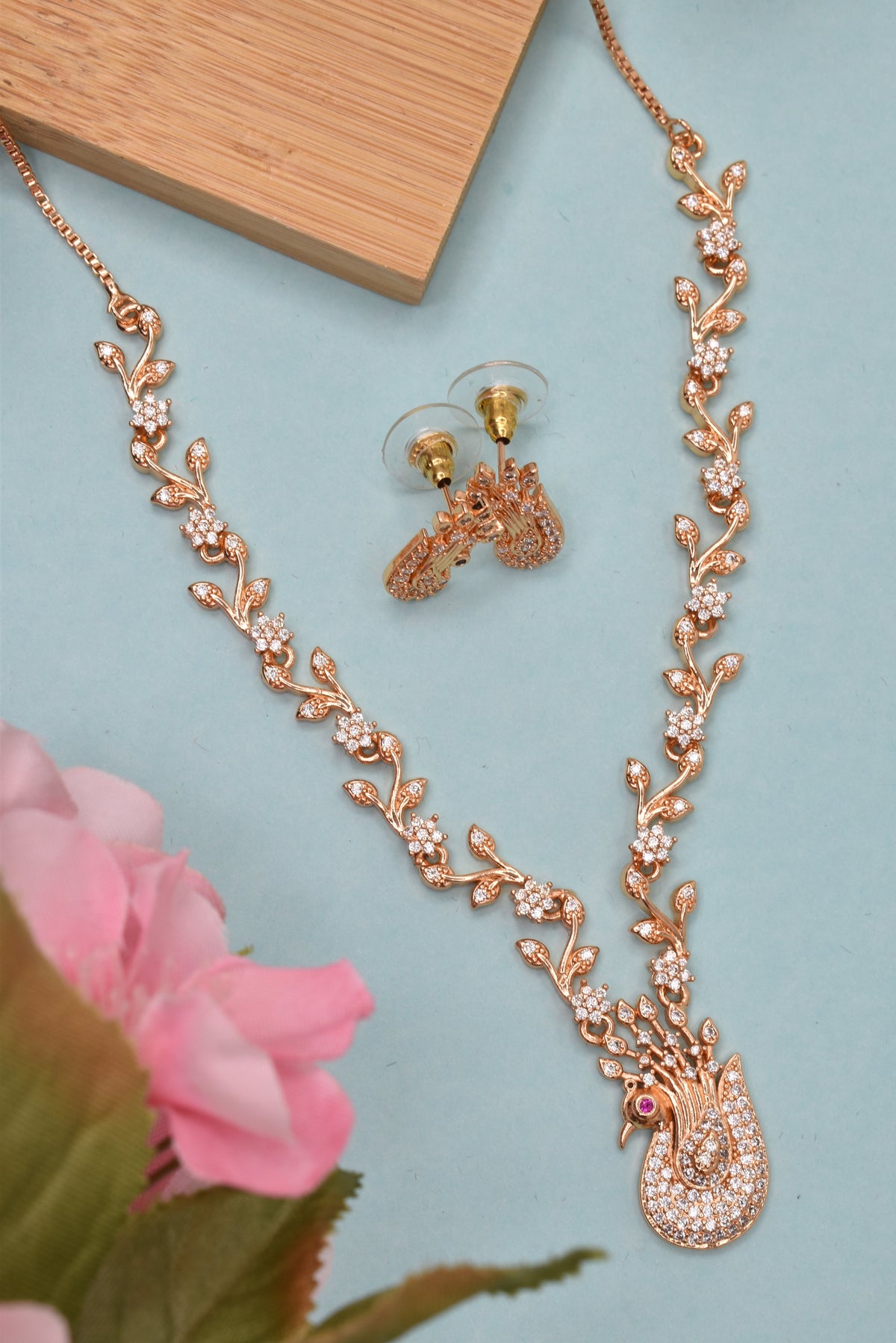  American Diamond Jewellery set | Rose Gold Plated Traditional Fancy necklace set for women n Girls -8