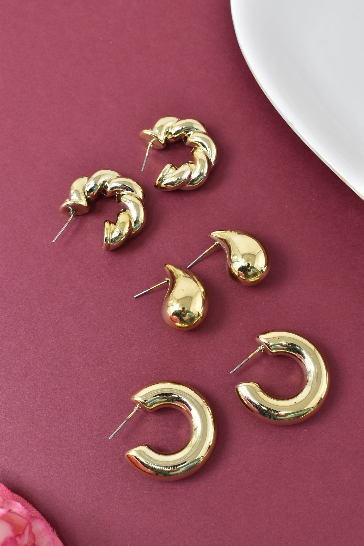 Anti Tarnish Stud  Gold plated Korean Minimal Tear Drop Pack of 3 earrings